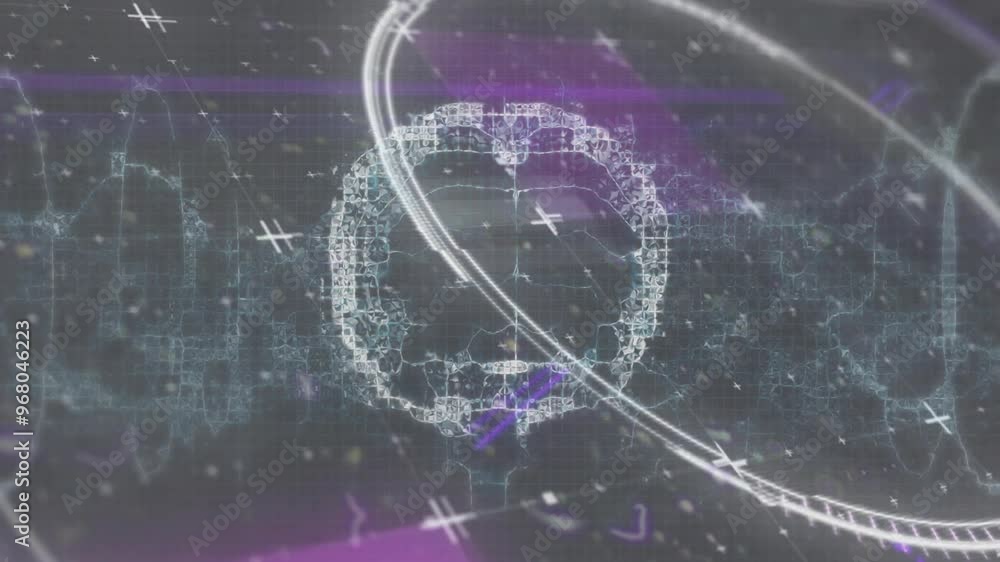 Poster animation of network of connections and data processing over human brain and dna strand