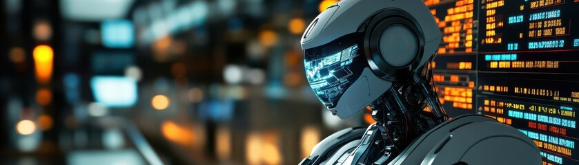 Fototapeta premium Futuristic robot with glowing blue eyes in a tech-filled environment.