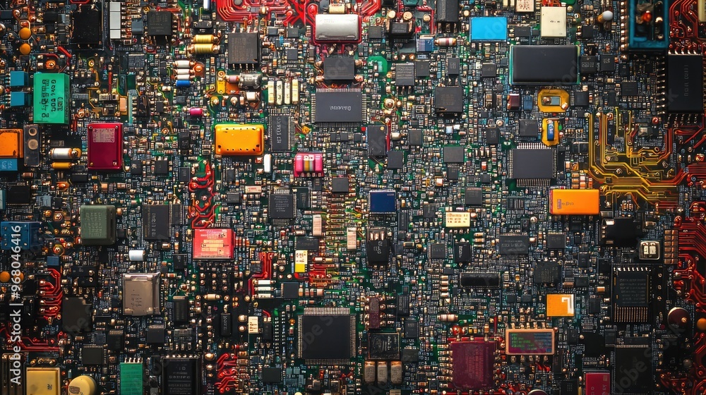 Poster close-up view of a complex electrical circuit board, with colorful components, wires, and microchips