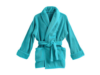Turquoise bathrobe, isolated on transparent background, with copy space.