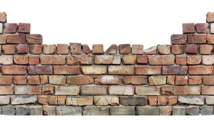 Old brick wall with uneven top, transparent background.