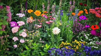 Fototapeta premium Horizontal alignment of diverse flowers in a garden bed, showcasing a mix of bright colors and varying bloom sizes