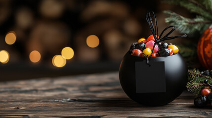Minimalist Black Blank Paper Bag Mockup with Halloween Candies and Festive Decorations, Clean and Spooky Design