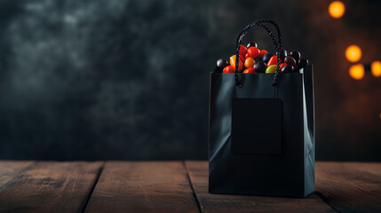 Minimalist Black Blank Paper Bag Mockup with Halloween Candies and Festive Decorations, Clean and Spooky Design