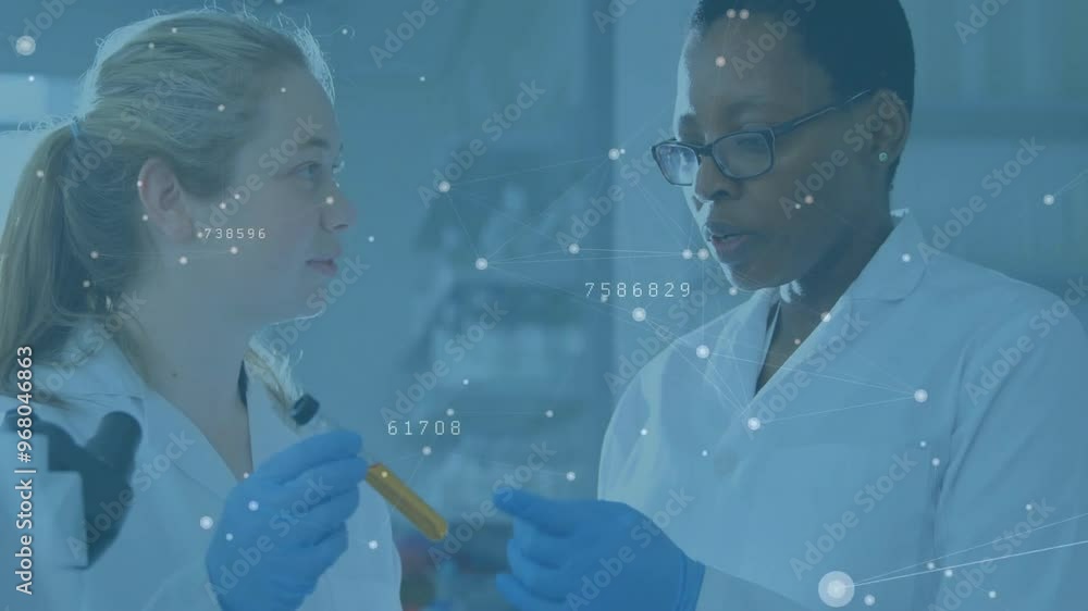 Aufkleber animation of network of connections over diverse scientists in laboratory