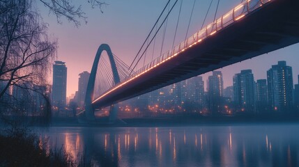 Obraz premium Horizontal lines of a modern bridge spanning across a river, with architectural details and a city skyline in the background