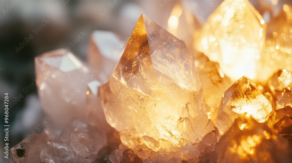 Poster macro shot of a raw quartz crystal cluster, with light passing through its facets creating a natural