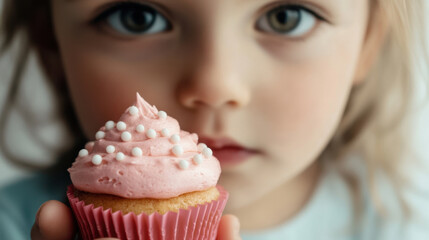 Close-up Portrait of Child with Pink Frosted Cupcake