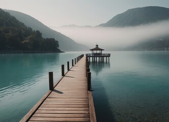 Obraz premium A Beautiful Serene Lake View Featuring a Wooden Pier Set Within a Misty Landscape Scene