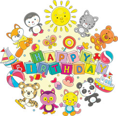 Fototapeta premium Happy birthday card with funny baby animals, sweets and colorful toy blocks with letters, vector cartoon illustration on a white background