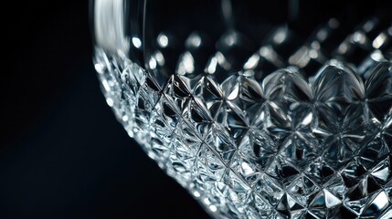 Macro photography of crystal glassware against a dark background, showcasing elegant patterns and light reflections