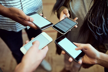 Friends, people and hands with phone in circle for network, connectivity and online information. University, students and mockup space on screen at campus for news, communication or sharing test mark