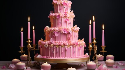 Extravagant pink tiered birthday cake decorated with multiple gold candles, perfect for celebrations and special occasions, capturing a festive and luxurious party atmosphere with elegant cake design 