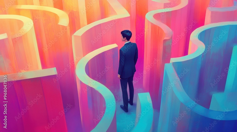 Poster man standing in a colorful abstract maze