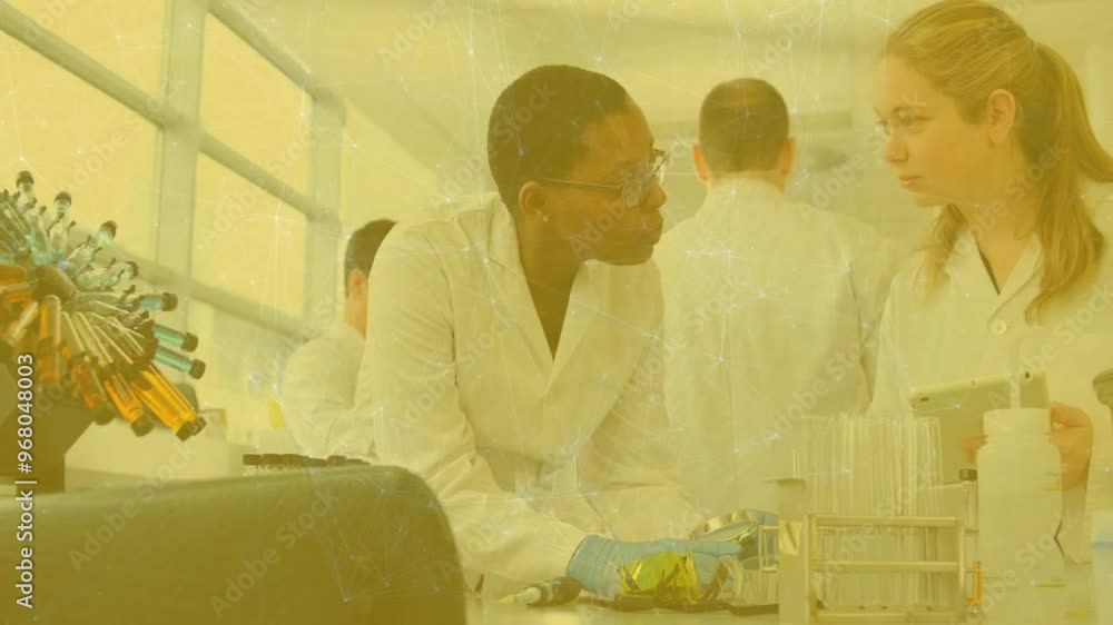 Aufkleber animation of network of connections over diverse scientists in laboratory
