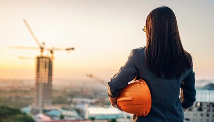 Female Engineer Overlooking Construction Site at Sunset