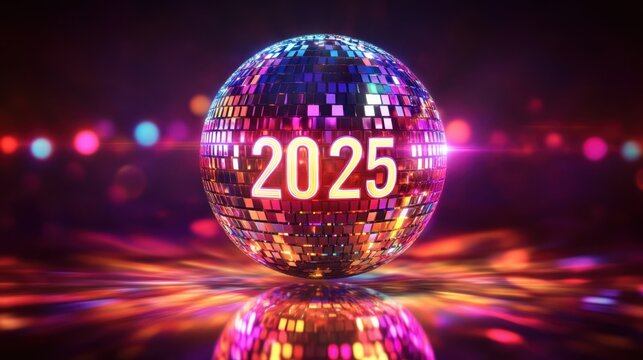 Futuristic 2025 Disco Ball Celebration with Vibrant Lights