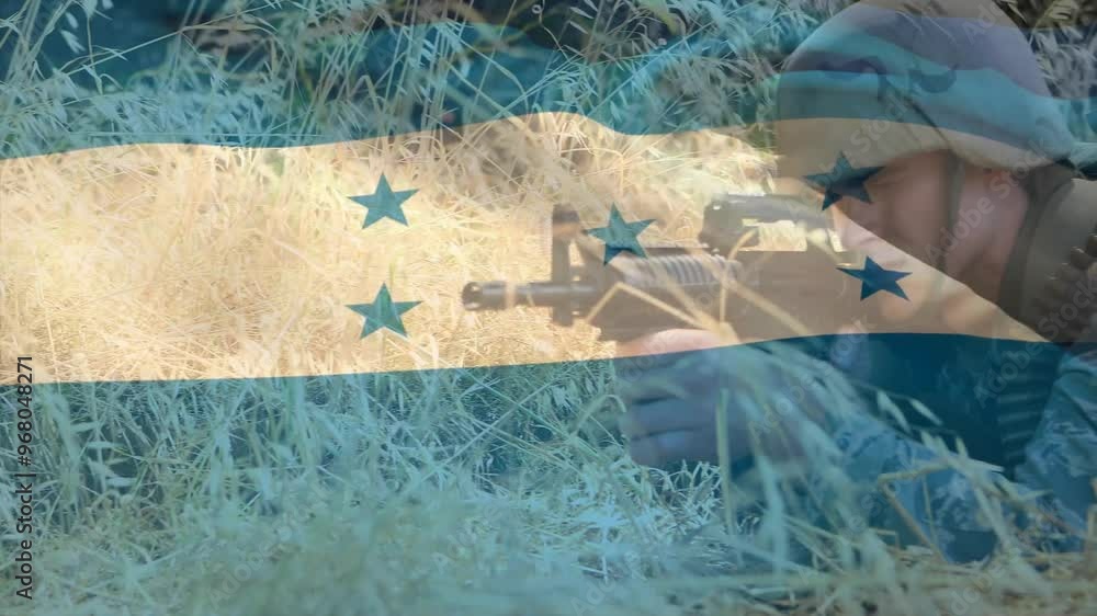 Sticker Animation of flag of honduras over caucasian male soldier with rifle