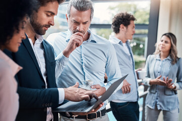 Laptop, discussion and business people outdoor for project, advice or publishing client brand image. Meeting, computer and global communication directors with email for public relations approval.