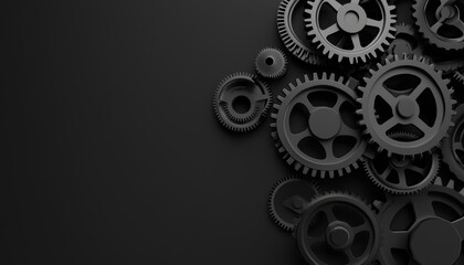 Complex arrangement of polished gears, monochrome industrial scene, 3D illustration