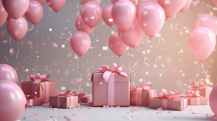 3d render of festive birthday scene featuring gift boxes, pink balloons, and colorful confetti on a vibrant background – perfect for party invitations and celebration themes


