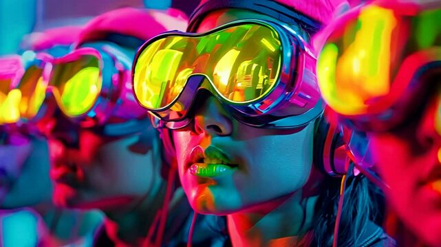 Close-up of three women wearing ski goggles and headphones, illuminated by colorful neon lights.