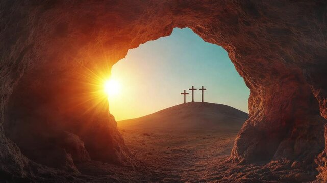 The Empty Tomb of Jesus, Overlooking the Hill of Golgotha Where the Crosses Stand, a Solemn Reflection of the Crucifixion and Resurrection