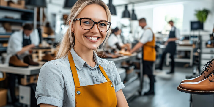 Ma&szlig;schuhmacherin in moderner Werkstatt mit Team bei der Anfertigung von handgefertigten Schuhen