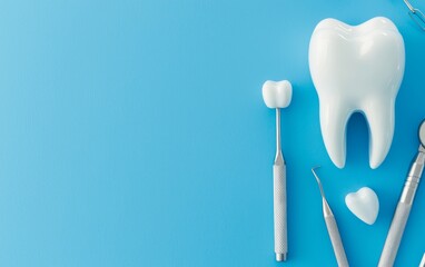 Dentists tools next to a tooth model, blue background, clean, organized, and ready for dental procedure