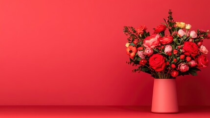Obraz premium Red Flower Bouquet in a Vase on a Red Background