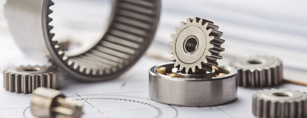 Gears, bearings and mechanism parts.Elements of mechanical blocksand construction.