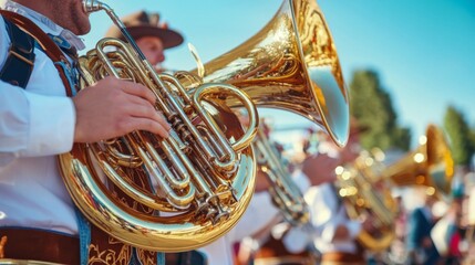 Musician Playing a Large Golden French Horn