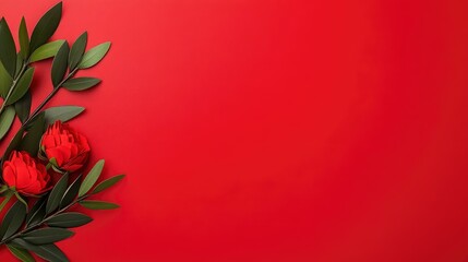 Fototapeta premium Red Flowers and Green Leaves on Red Background