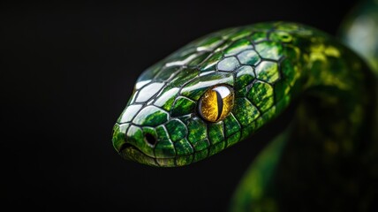 Fototapeta premium Intricately carved green snake with bright emerald eyes, symbolizing 2025.