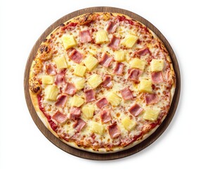 pizza with pineapple, ham, and cheese on a wooden plate, isolated on a white background