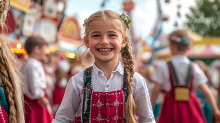 Fototapeta premium Young Girl in Traditional Red and White Dress Smiling at a Fair