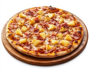 pizza with pineapple, ham, and cheese on a wooden plate, isolated on a white background