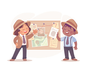 Inspecting Detective Boy and Girl Character as Board Investigating Case Vector Illustration