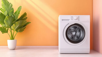 A washing machine is sitting next to a potted plant, AI