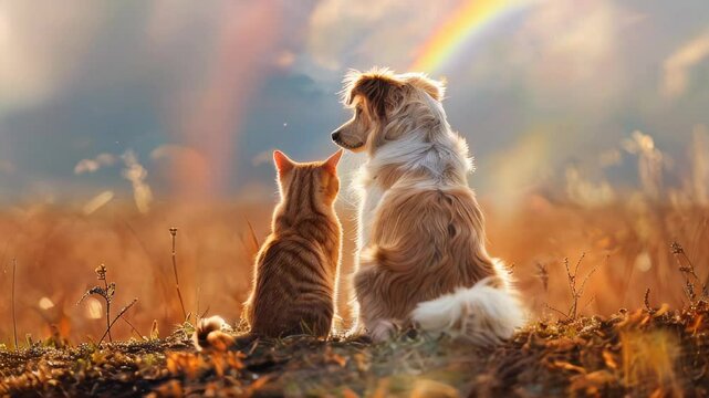 Cat and dog looking at rainbow - concept of pets passing away