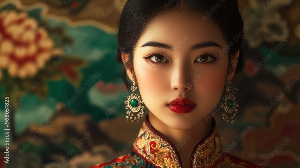 Wall mural portrait of a woman in traditional chinese clothing with intricate jewelry