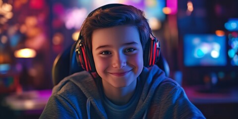 A cheerful young boy enjoying his time gaming with stylish headphones. The vibrant background adds a lively atmosphere. Perfect for articles on gaming culture or technology. AI