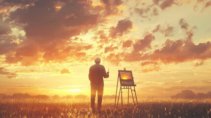 Obraz premium Artist Painting Golden Sunset Landscape