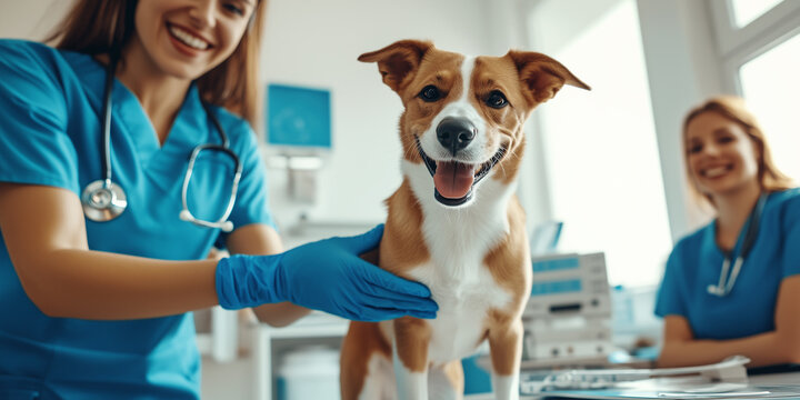 Tiermedizinische Fachangestellte unterst&uuml;tzt bei Hunduntersuchung in moderner Tierklinik