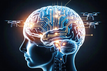 AI brain with wires on a circuit board, concept of artificial intelligence and technology.
