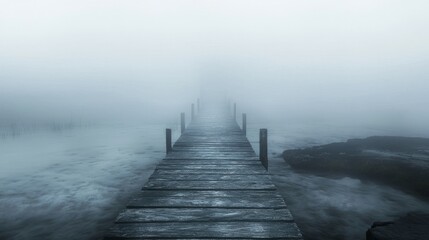 Fototapeta premium Misty Wooden Dock Leading Into The Fog