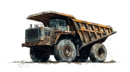 Rusted Yellow Dump Truck on White Background
