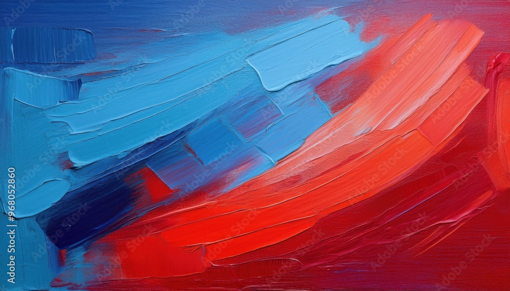 Aufkleber Vivid Red and Blue Oil Paint Strokes in Abstract Wave Pattern. Dynamic Textures of Thick Brushwork Creating a Bold Contrast of Warm and Cool Tones on a Smooth Patriotic Canvas Surface