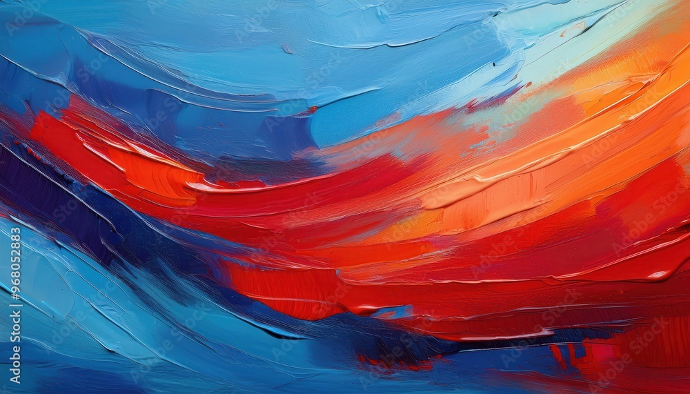 Aufkleber Vivid Red and Blue Oil Paint Strokes in Abstract Wave Pattern. Dynamic Textures of Thick Brushwork Creating a Bold Contrast of Warm and Cool Tones on a Smooth Patriotic Canvas Surface