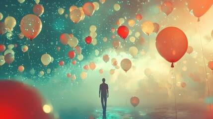 Man Walking Under Balloons and Confetti in Dreamlike Scene